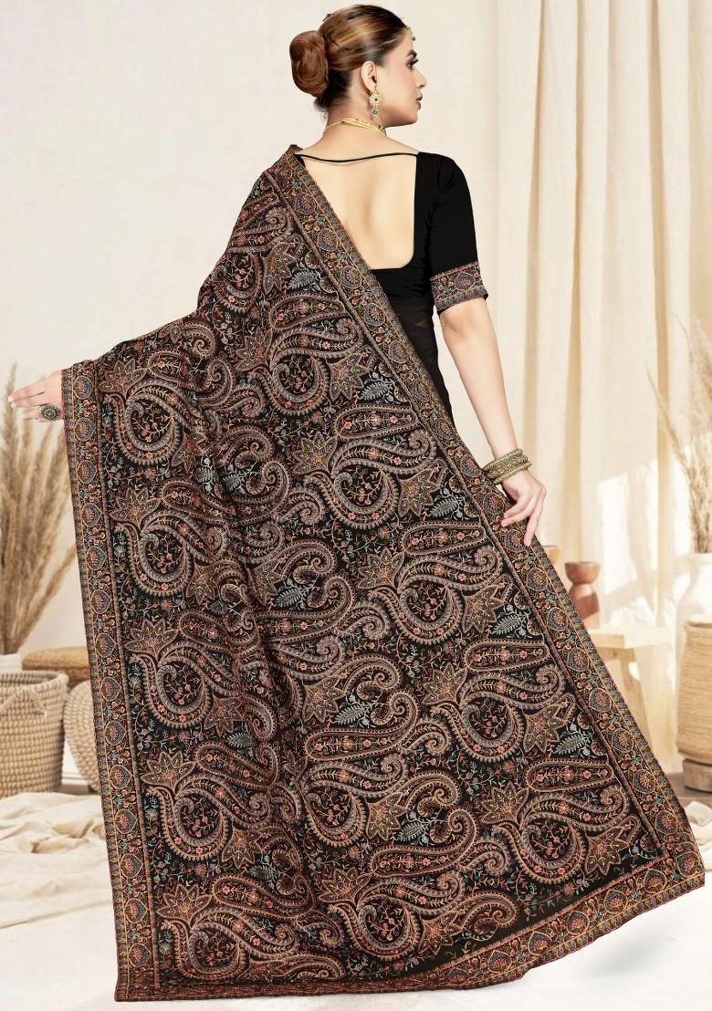 Black Embroidery Work Georgette Saree Set - Indya