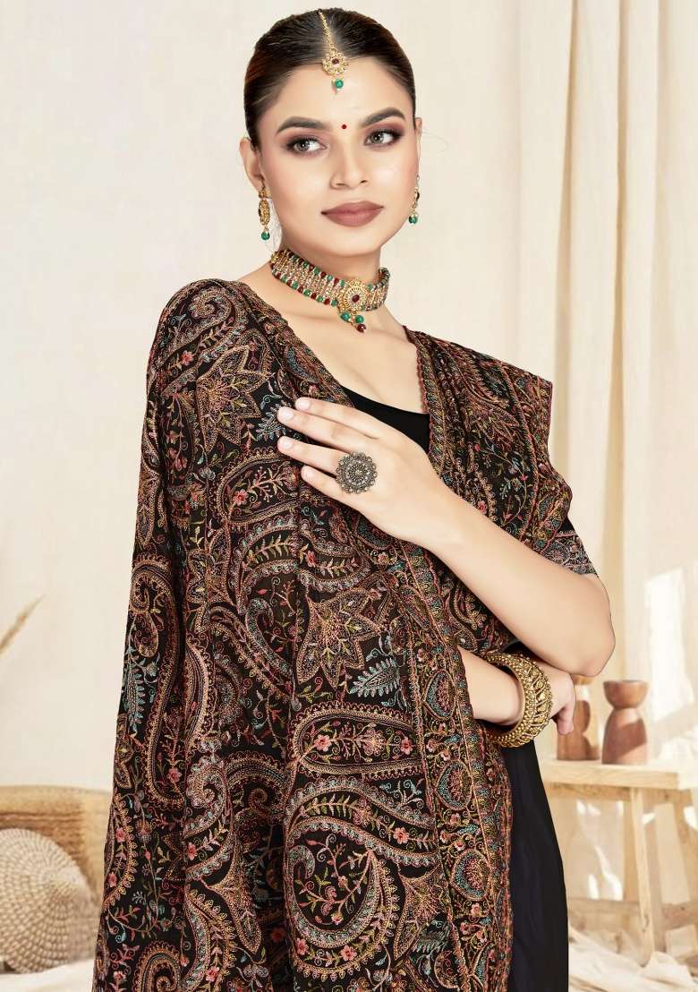 Black Embroidery Work Georgette Saree Set for Diwali and Festive Wear - Indya