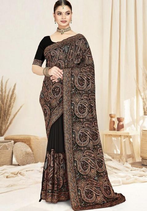 Black Embroidery Work Georgette Saree Set