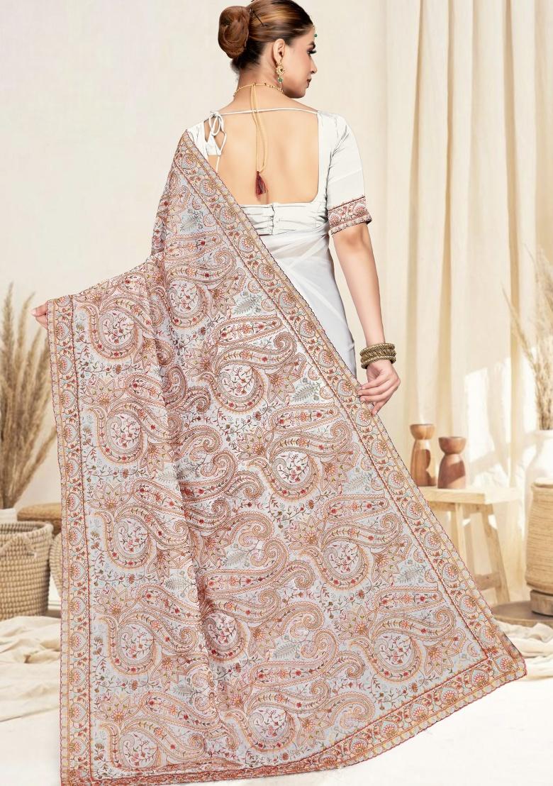 White Embroidery Work Georgette Saree Set - Indya