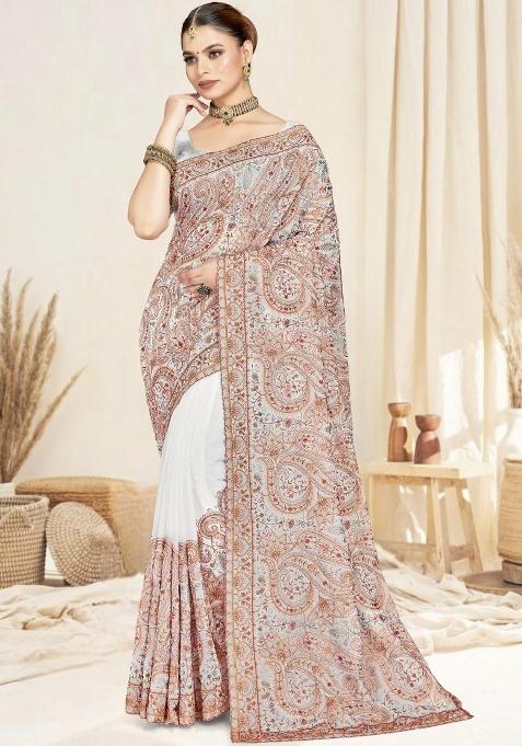White Embroidery Work Georgette Saree Set