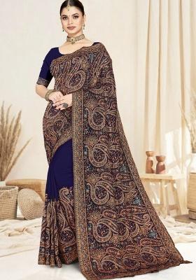 Navy Embroidery Work Georgette Saree Set