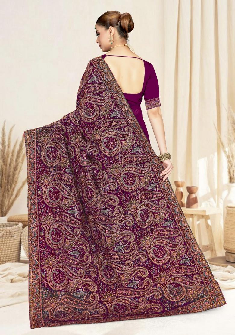 Wine Embroidery Work Georgette Saree Set - Indya