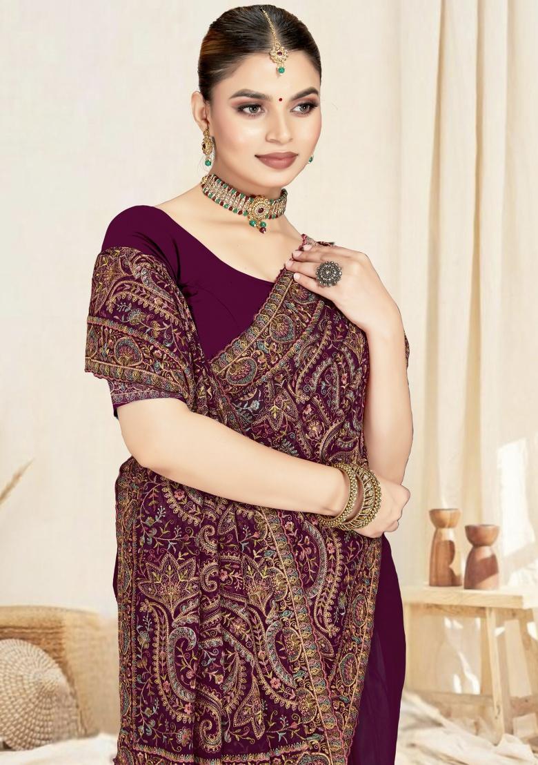 Wine Embroidery Work Georgette Saree Set