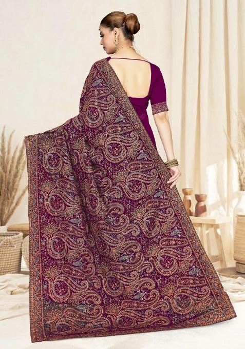 Wine Embroidery Work Georgette Saree Set