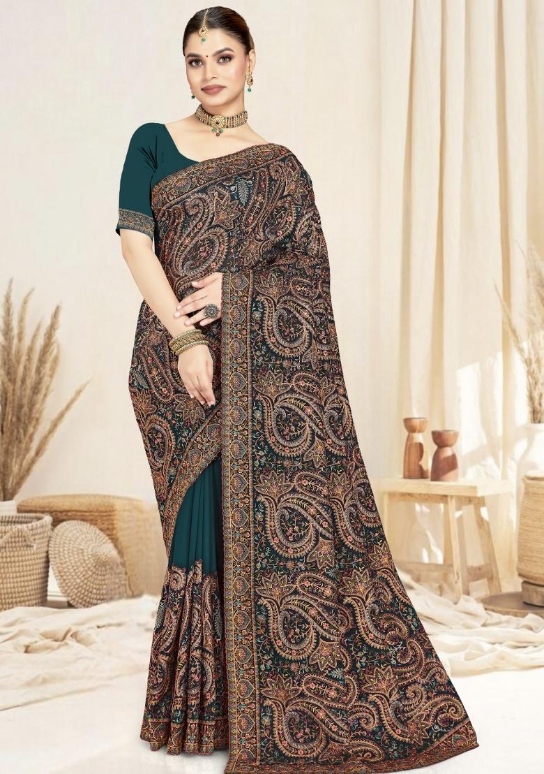 Blue Embroidery Work Georgette Saree Set