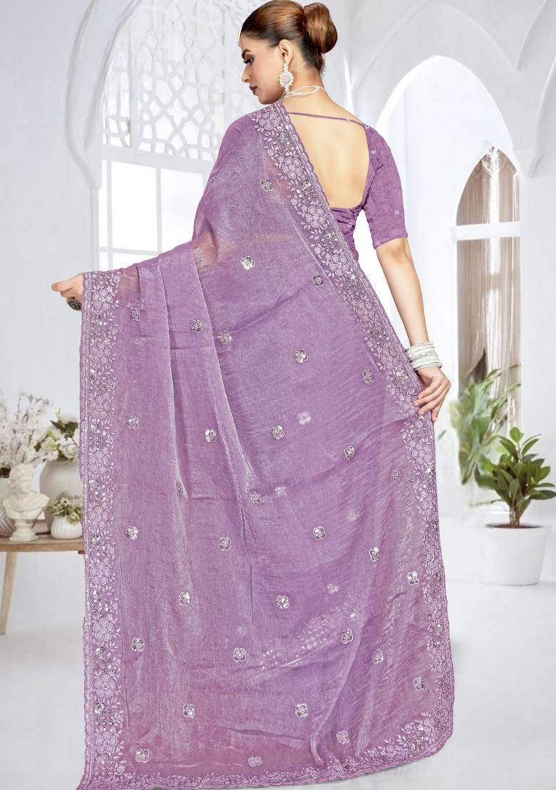 Lavender Embroidery Work Silk Saree Set - Indya