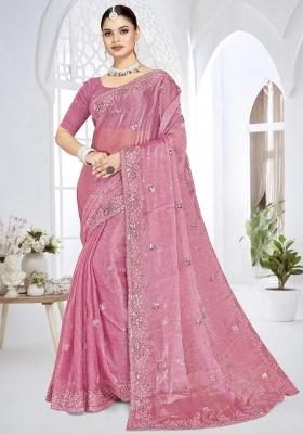 Pink Embroidery Work Silk Saree Set