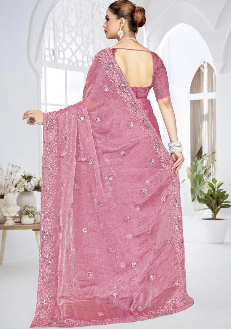 Pink Embroidery Work Silk Saree Set - Indya