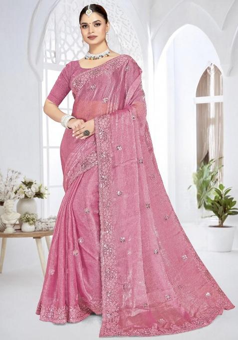 Pink Embroidery Work Silk Saree Set
