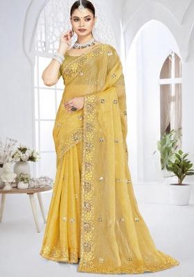 Mustard Embroidery Work Silk Saree Set