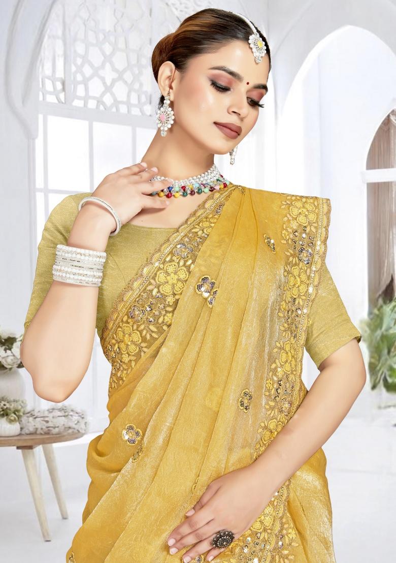 Mustard Embroidery Work Silk Saree Set - Indya