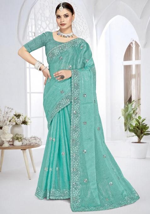 Sky Embroidery Work Silk Saree Set