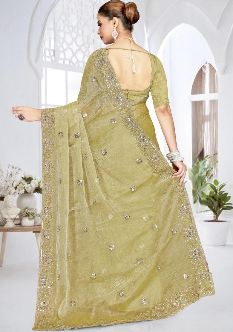 Mehandi Embroidery Work Silk Saree Set - Indya