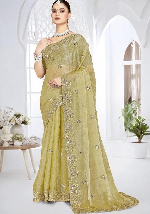 Mehandi Embroidery Work Silk Saree Set