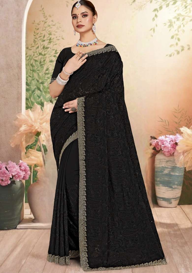 Black Embroidery Work Georgette Saree Set for Diwali and Festive Wear - Indya