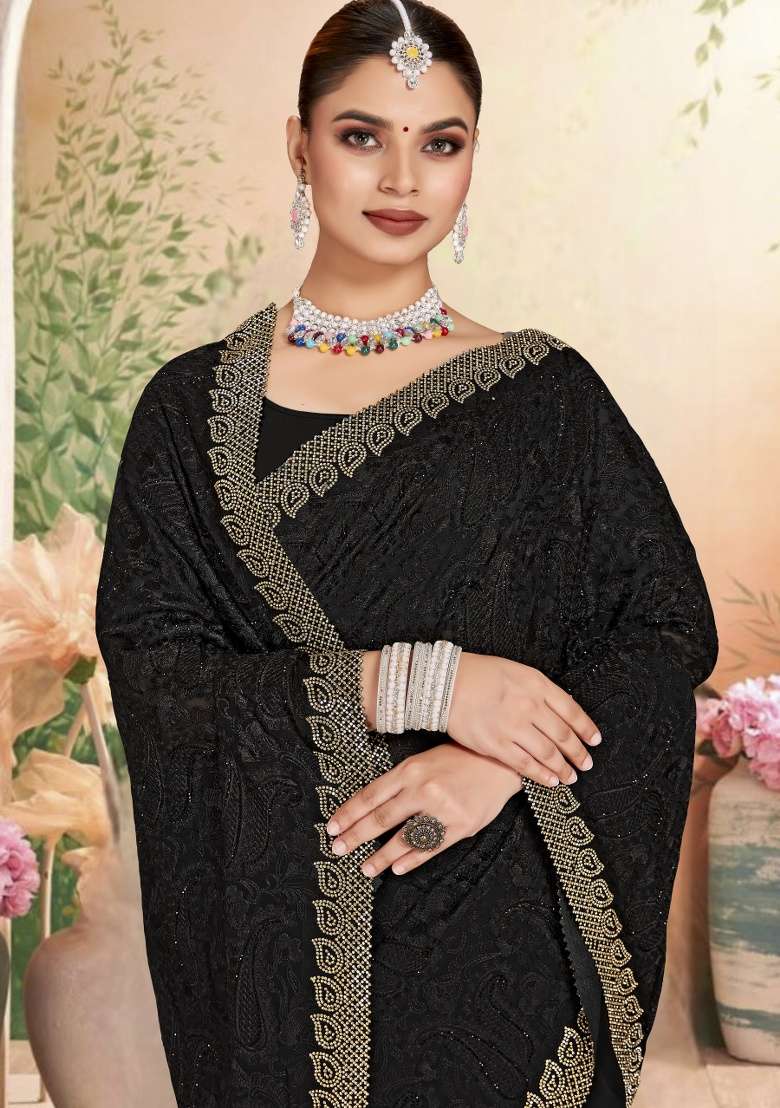 Black Embroidery Work Georgette Saree Set for Diwali and Festive Wear - Indya