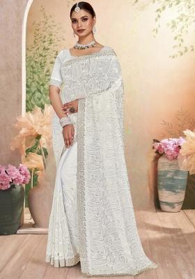 White Embroidery Work Georgette Saree Set