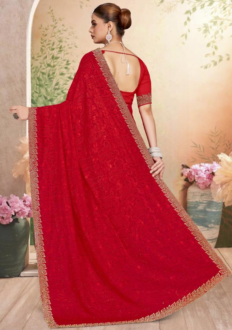 Red Embroidery Work Georgette Saree Set