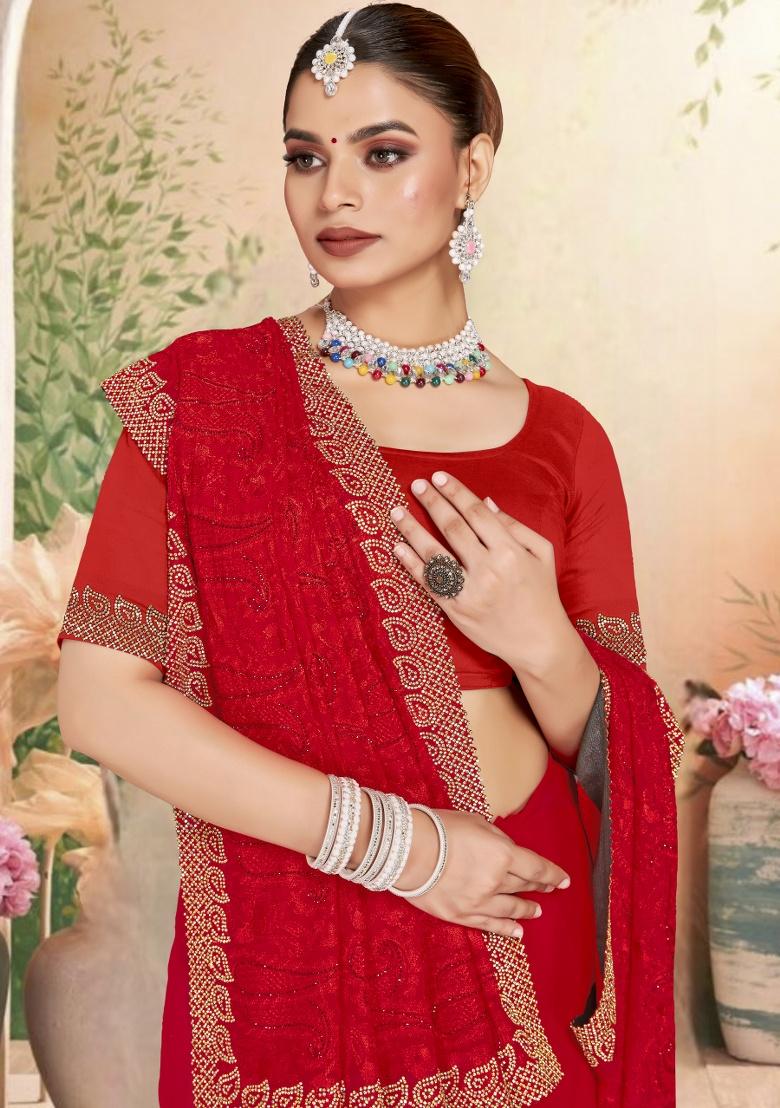Red Embroidery Work Georgette Saree Set - Indya