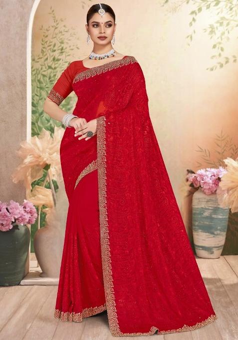 Red Embroidery Work Georgette Saree Set
