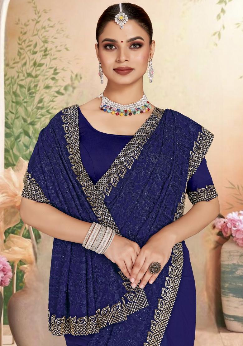 Navy Embroidery Work Georgette Saree Set - Indya