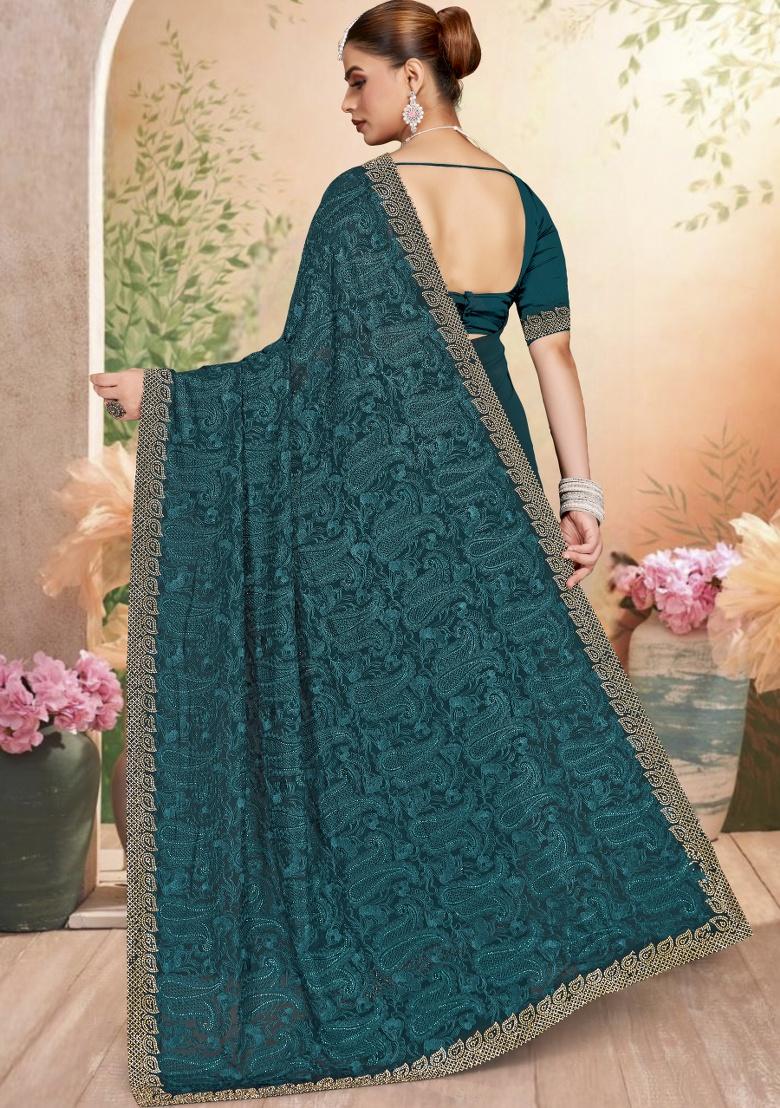 Blue Embroidery Work Georgette Saree Set - Indya