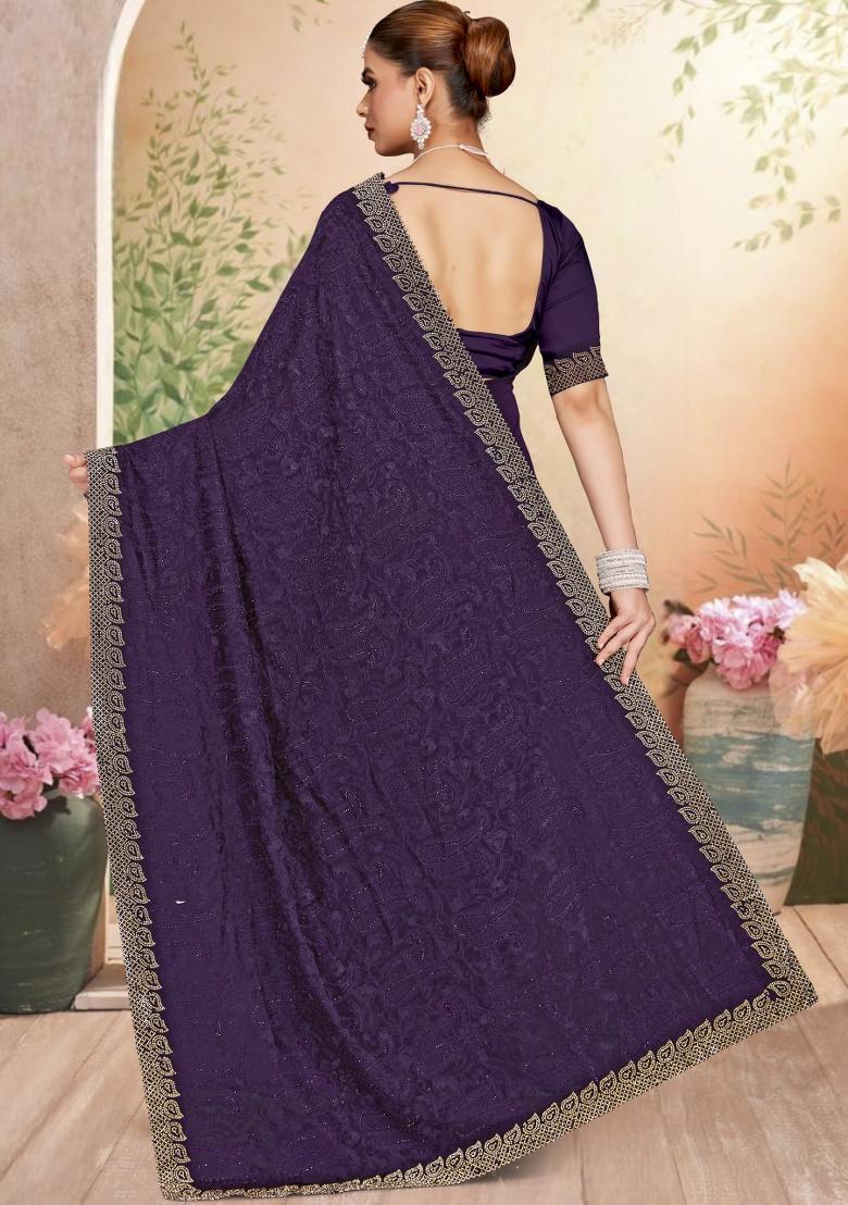 Purple Embroidery Work Georgette Saree Set - Indya