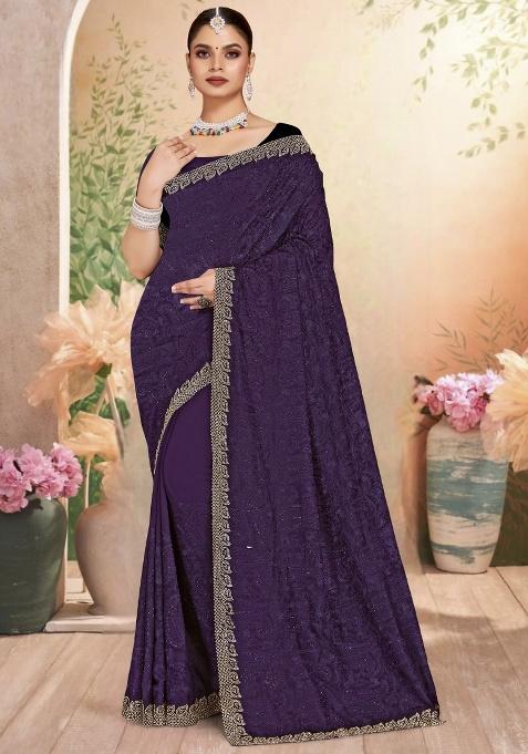 Purple Embroidery Work Georgette Saree Set