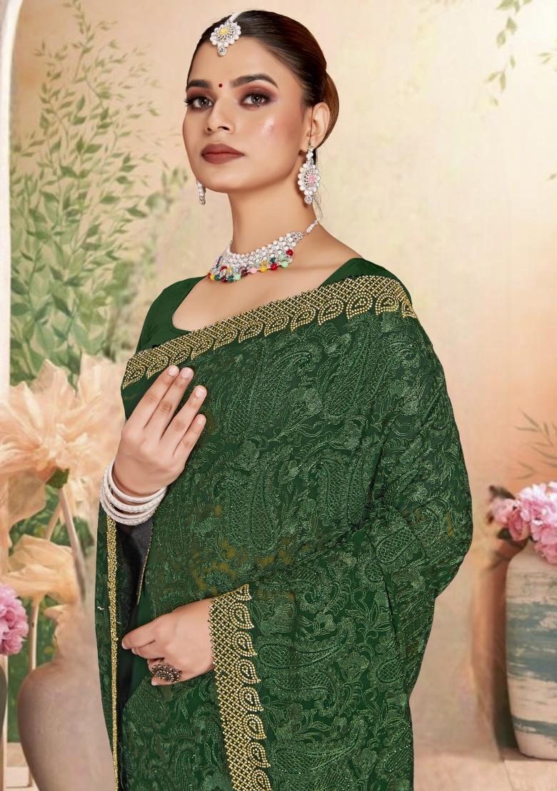 Botel Green Embroidery Work Georgette Saree Set - Indya