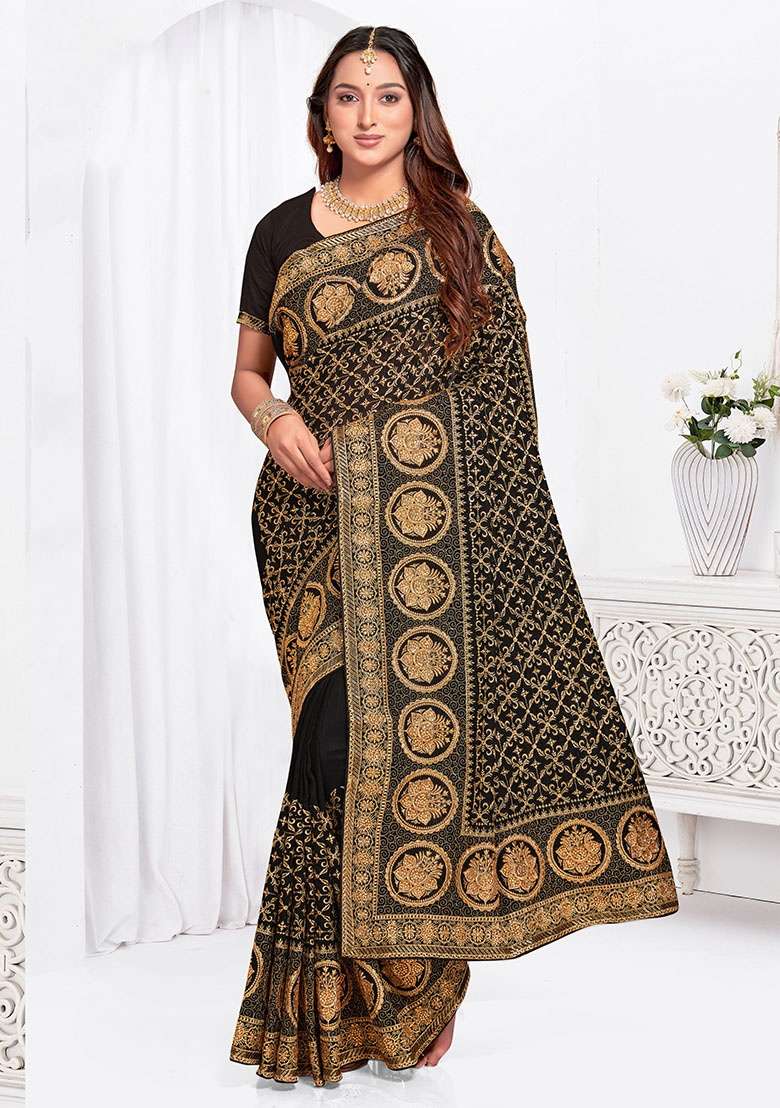 Black Work Silk Blend Saree Set with Embroidery for Diwali | Wedding & Festive Wear - Indya