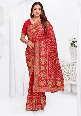 Red Embroidery Work Silk Saree Set