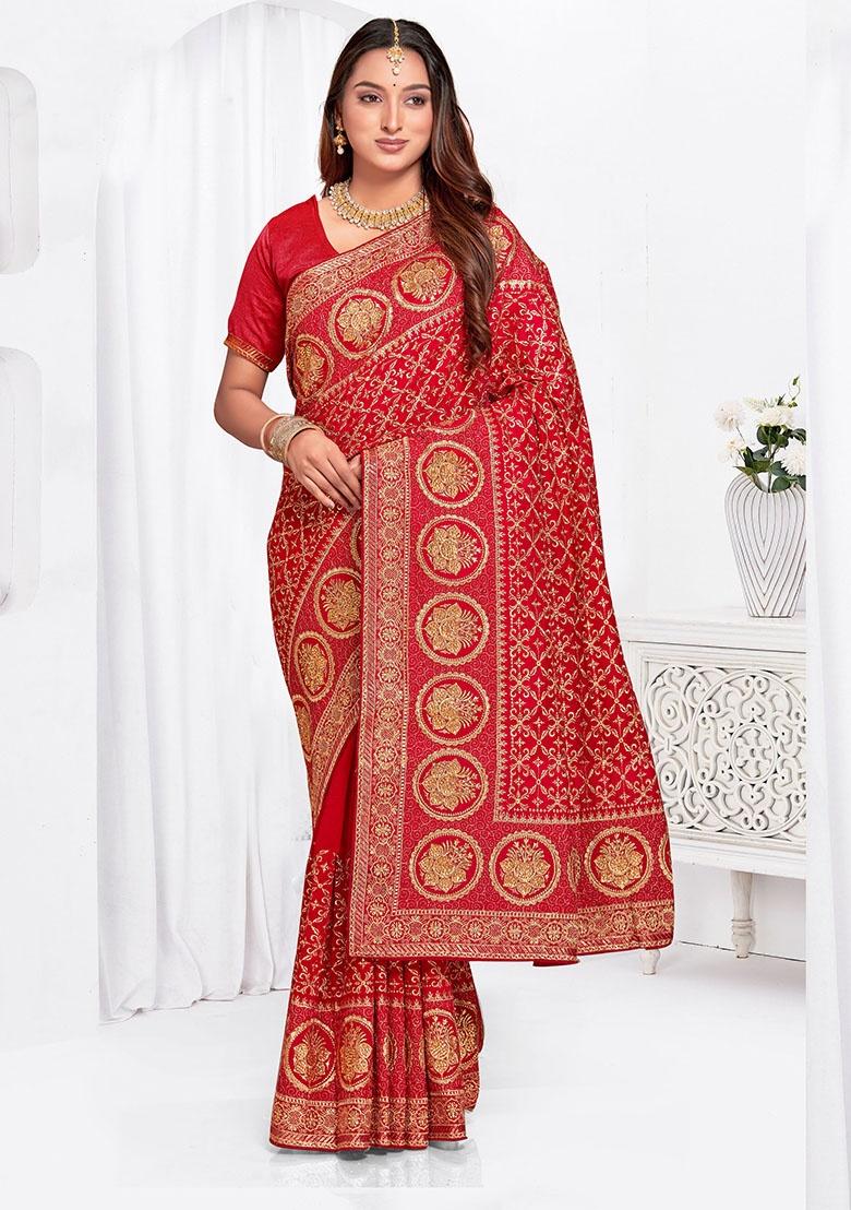 Red Embroidery Work Silk Saree Set