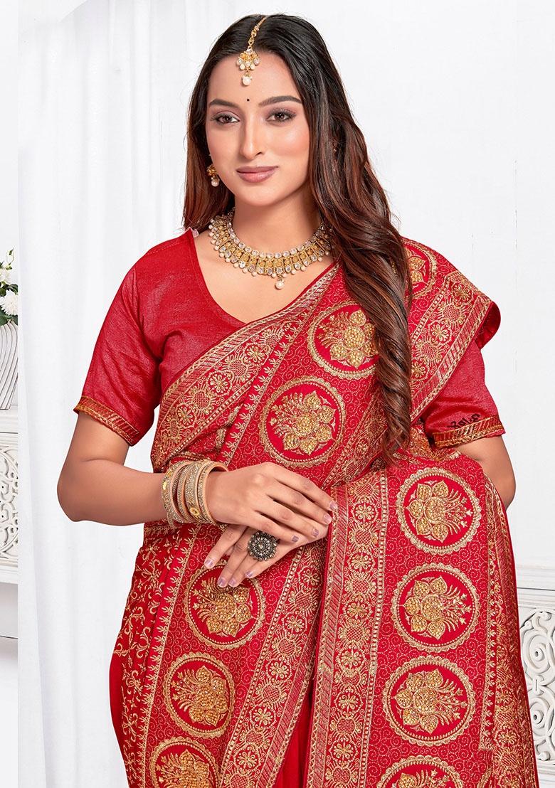 Red Embroidery Work Silk Saree Set - Indya