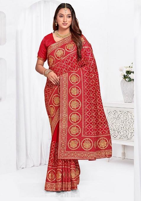 Red Embroidery Work Silk Saree Set