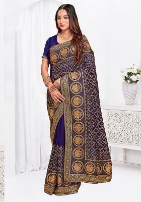 Navy Embroidery Work Silk Saree Set