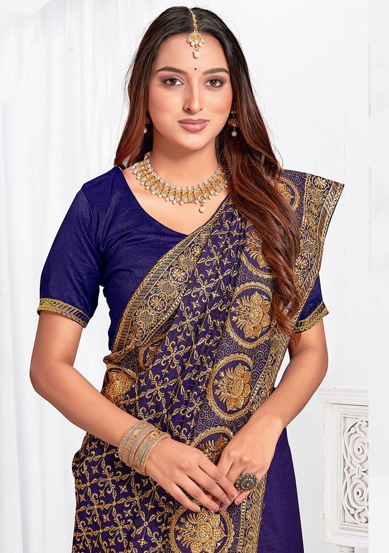Navy Embroidery Work Silk Saree Set - Indya