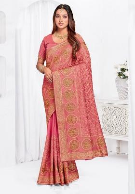 Peach Embroidery Work Silk Saree Set