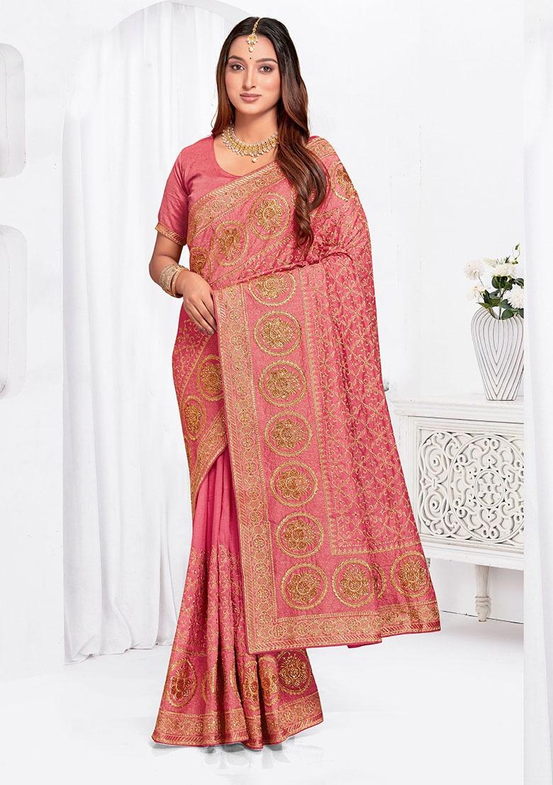 Peach Embroidery Work Silk Saree Set