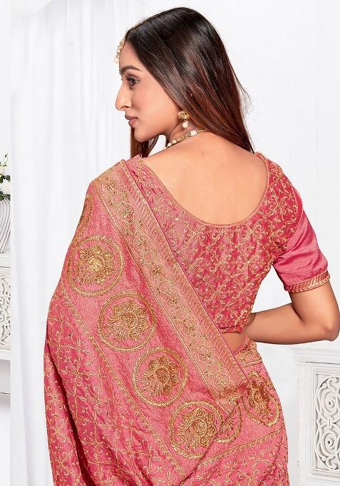 Peach Embroidery Work Silk Saree Set
