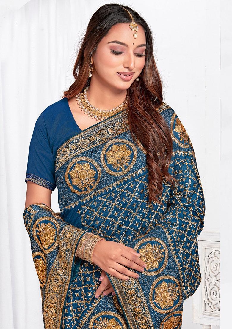 Morpech Embroidery Work Silk Saree Set - Indya