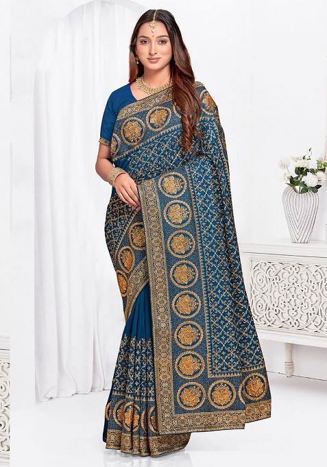 Morpech Embroidery Work Silk Saree Set