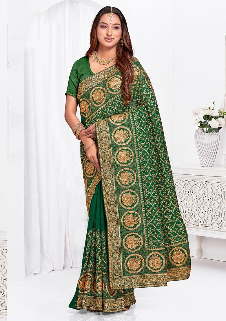 Botel Green Embroidery Work Silk Saree Set