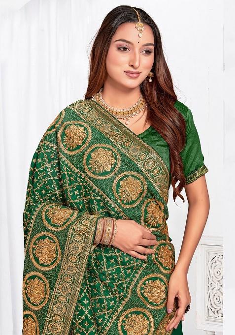 Botel Green Embroidery Work Silk Saree Set