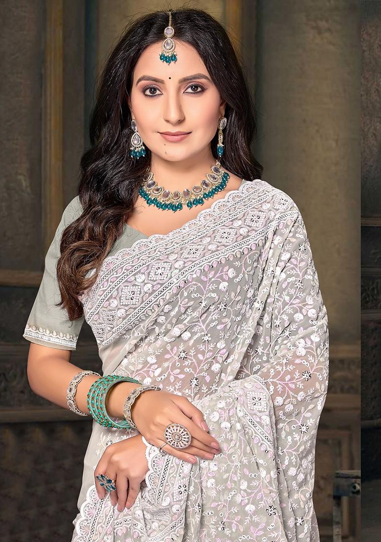 Dusty Pista Embroidery Work Georgette Saree Set - Indya