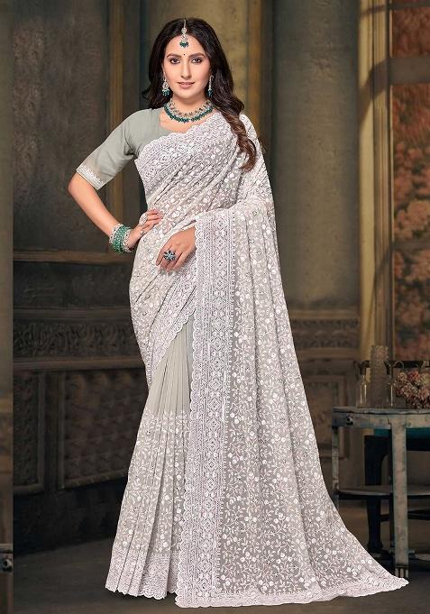 Dusty Pista Embroidery Work Georgette Saree Set