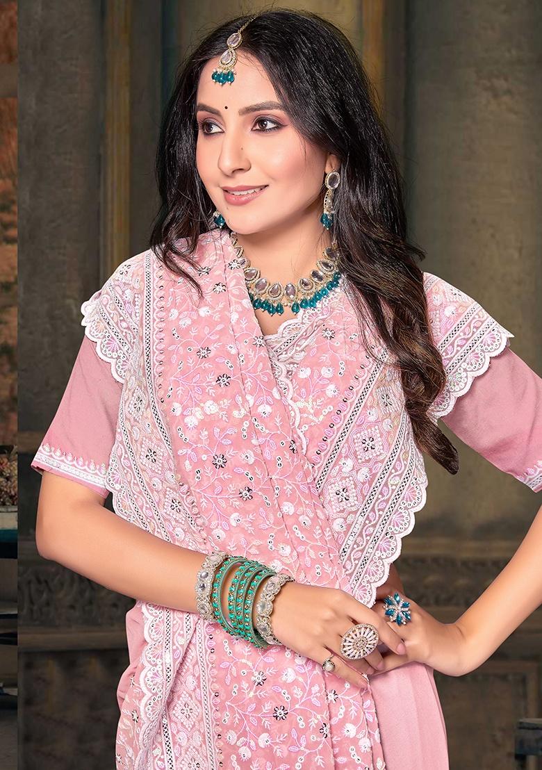 Dusty Peach Embroidery Work Georgette Saree Set - Indya