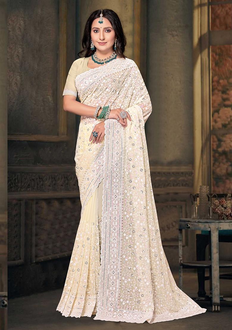 Lemon Yellow Embroidery Work Georgette Saree Set