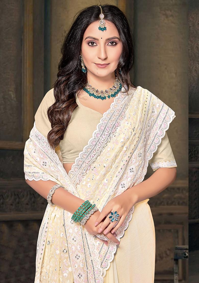 Lemon Yellow Embroidery Work Georgette Saree Set - Indya