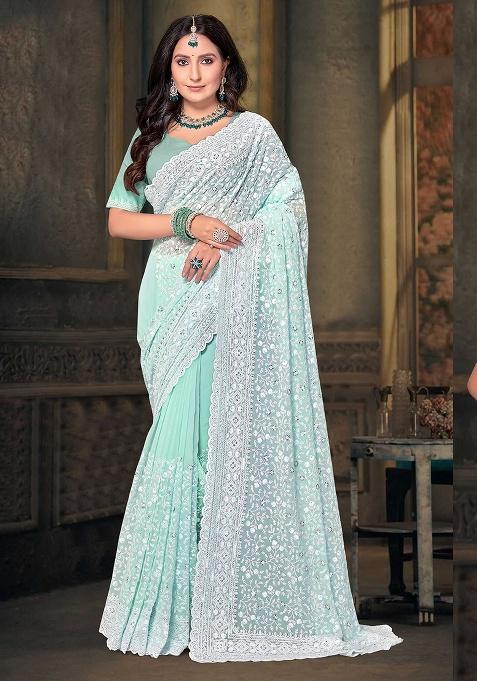 C Green Embroidery Work Georgette Saree Set